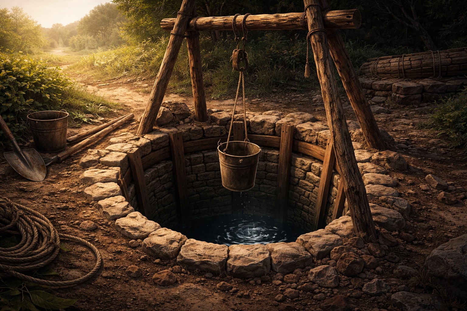 Come fare un pozzo per l'acqua. Immagine di un pozzo in pietra e legno.